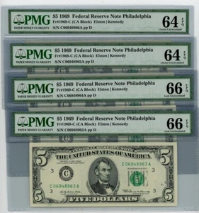 Fr. 1969-C $5 1969 4 Consec. Federal Reserve Note 64-66 EPQ PMG dc-2549 - Picture 1 of 2