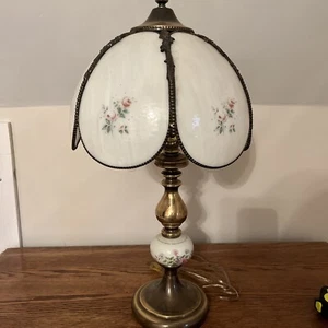 Milk Glass & Brass Lamp W/ Pink Roses, Works Good - Picture 1 of 24