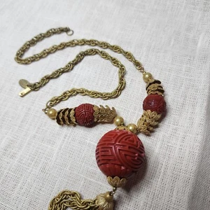 Vintage Miriam Haskell Halskette Zinnober Perle goldfarben Quaste Lariat Patent - Bild 1 von 20