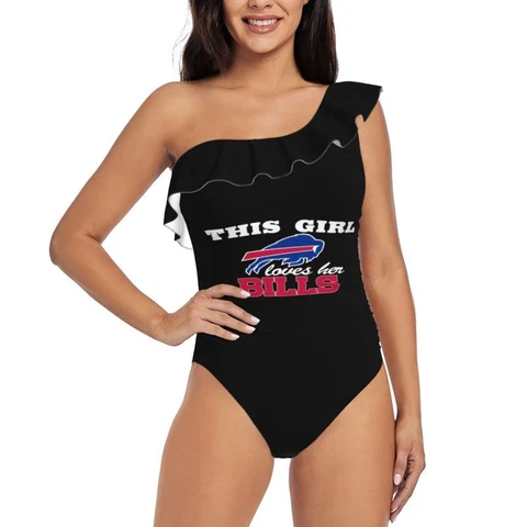 This Girl Loves Her Buffalo Bills Women's One Shoulder Ruffle Swimsuits Cover
