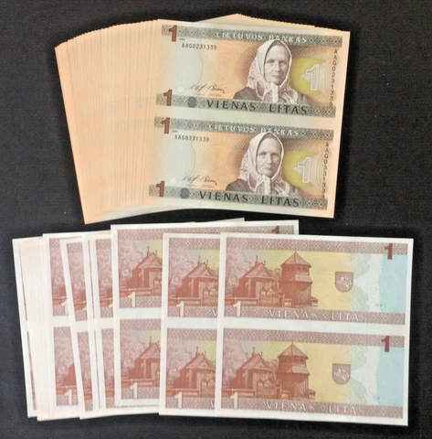 WHOLESALE 100 UNCUT SHEET PAIRS (200 NOTES) LITHUANIA PICK# 53 UNCIRCULATED 1994 Cover