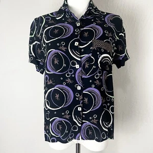 Loco Lindo Button Down Retro schwarz Swirl Vogel Kurzarm Hemd Größe Small - Bild 1 von 15