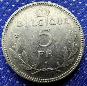 1937 Belgium 5 Francs Coin XF AU POS B French Text 1.8 Million #ZA65 - Picture 1 of 2