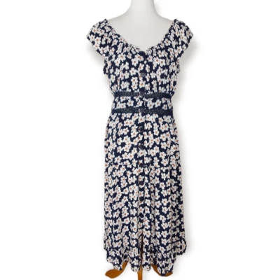 Romantic Gypsy Midi Dress Size 1X Floral Smocked Button Up Navy Blue Boho Flowy - Image 1 of 4