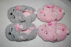 Baby Gilrs 2 LOT SLIPPERS Plush Soft PINK KITTY CAT & GRAY BUNNY Size 2 3 4 5 6 - Picture 1 of 2