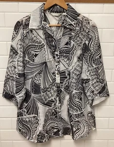 Erin London Semi Sheer Linen Blouse Black White Boho Paisley Button Top Sz M Med - Picture 1 of 14