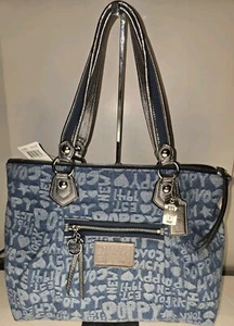 NWT Coach Poppy 16988 Signature Denim Blue Wordblock Glam Tote + 45520 Wristlet - Picture 1 of 8