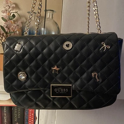 Guess Quilted Black Faux Leather Shoulder Bag Purse Embellished with Charms - Image 1 of 4