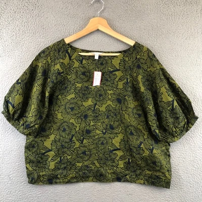 Garnet Hill Green Navy Floral Print Linen Blouse Top Shirt Womens Size L - Image 1 of 4