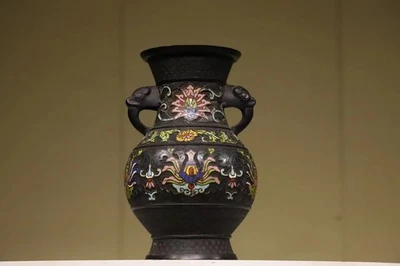 Qing Dynasty Cloisonné Enamel Double-Handled Vase – Elegant Antique Decor - Image 1 of 4