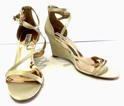 Badgley Mischka Carnation Strappy Wedge Heel Sandal Ankle Strap Ivory Satin 9.5 - Image 1 of 4