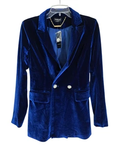 Bebe Womens Blue Velour Jeweled Button Blazer Jacket Double Breasted Size 2 NWT - Picture 1 of 10