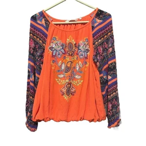 Soft Surroundings Embroidered Peasant Blouse Long Sleeve Bohemian Orange Large - Picture 1 of 9