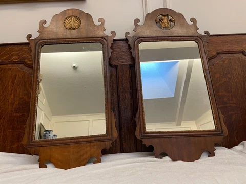 ANTIQUE CLASSIC PAIR WALNUT THOMAS CHIPPENDALE MIRRORS “LONDON 1741” GILT TRIM Cover