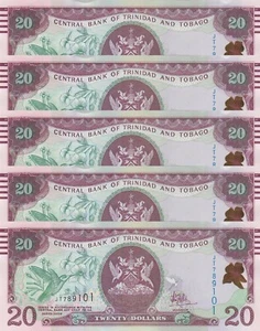 LOT, Trinidad and Tobago 20 Dollars (2006/2017) p-49c x 5 PCS sign Hillaire UNC - Picture 1 of 4