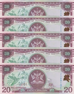LOT, Trinidad and Tobago 20 Dollars (2006/2017) p-49c x 5 PCS sign Hillaire UNC - Image 1 of 4