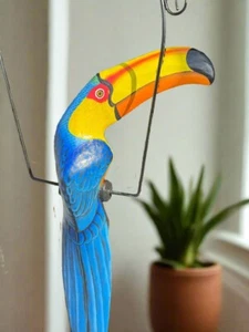 Tropical Blue and Yellow Toucan Hanging Bird Statue Wood Carving 32"x 11" in - Picture 1 of 7