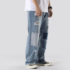 Men Distressed Ripped Jeans Patchwork Straight Leg Denim Trousers Hip Hop Pants