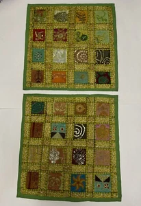 India Sequin Sari Beaded  Zippered  17” Sq Throw Pillow Cases Set Of 2 - Picture 1 of 6