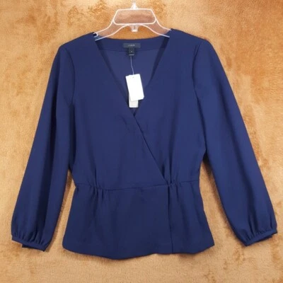 Top J CREW para mujer talla 4 azul marino drapeado crepé imitación envoltura cuello cremallera lateral Foto 1 de 4