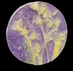 Original Fine Art Plaster & Wax Botanical Bas Relief Purple/ Yellow Tile Decor - Picture 1 of 1