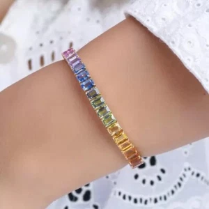 Bracciale Matrimonio 22ct Taglio Smeraldo Zaffiro Arcobaleno Placcato Oro Giallo 14K - Foto 1 di 10
