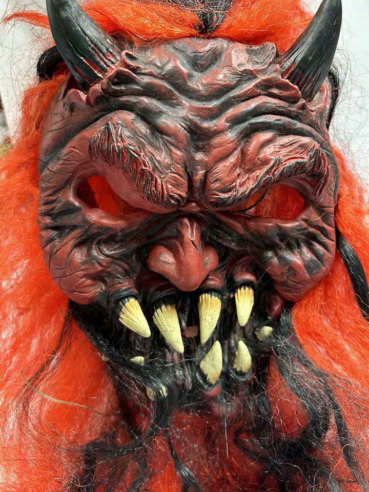 Red Devil Horned Horror Ghoul Adult 3D Vinyl Mask Long Red Hair Men Halloween - Image 1 of 4