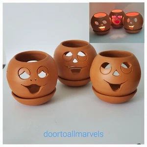 Tea Light Votive Terracotta Luminary Pumpkin w/ Underplate NEW VTG Transylvania - Picture 1 of 9