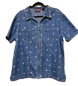 Denim & Co. Embroidered Short Sleeved Jean Shirt 2X Zip Up Floral Y2K Vintage - Picture 1 of 5