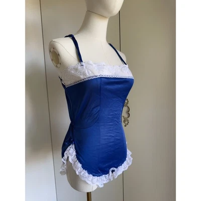 Vintage Lingerie Teddy Size Small/4-6 Navy White Lace Trim Sexy Romantic Tank  - Image 1 of 4