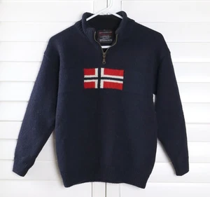 NORWOOL of Norway Boys Navy 1/2 Zip Flag Print Wool Sweater Top Size 10 - Picture 1 of 3