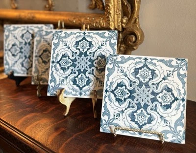 Juego de 4 azulejos antiguos de transferencia ingleses T & R. Boote Staffordshire, Reino Unido Foto 1 de 4