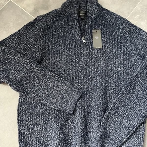 M & S Mens Blue Jumper 1/4 Zip Polyester Cotton Mix Uk Large NEW - Picture 1 of 7