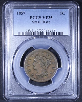 1857 Braided Hair Large Cent (Small Date) - 1c PCGS VF35 - Key Date! - Image 1 of 4