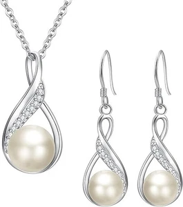 Sterling Silver CZ Freshwater Cultured Pearls Bridal set with Rose Box - Picture 1 of 3