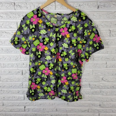 St Patricks Day Disney Unisex Scrub Top 3XL Plus Cotton Gray Minnie Mickey Mouse - Image 1 of 4