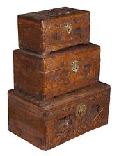 Three Antique Chinese Camphor Wood Carved Boxes Graduated Size c1890