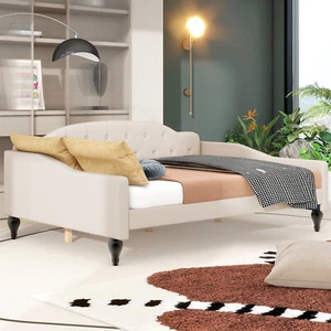 Full Size Daybed Linen Upholstered Bed Frame Sofa Bed for Bedroom Beige - Picture 1 of 12