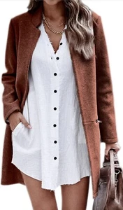 Women’s Coat, Long Sleeve Stand Collar Cardigan Mid-Long Open Front Outwear - Picture 1 of 5