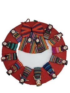 Handmade Circular Worry Dolls On Wreath With Colorful Bow Hand Crafted 13 Dolls - Picture 1 of 8