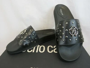 ROBERTO CAVALLI BLACK LEATHER SNAKE MEDALLION LOGO STUD SANDAL 43.5 / 10.5 ITALY - Picture 1 of 12