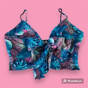 Love University Womens L Cropped Knot Tank Top Teal Pink Tropical Palm Side Zip - Picture 1 of 12