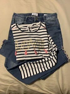 EUC Crown & Ivy GIRLS Light Wash Jeans LOVE Striped L/S shirt Sz 16XL VALENTINES - Picture 1 of 12