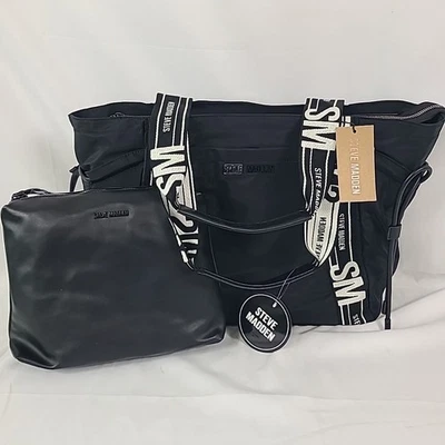 NWT Steve Madden Black BBRODY Tote Bag Purse with Black Wristlet Pouch 14X15X6 - Image 1 of 4