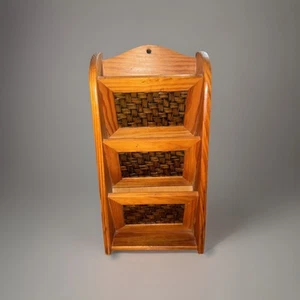 VTG Wood/Rattan 3 Pocket Wall Letter Holder Rustic Farmhouse Primitive Cottage - Picture 1 of 13