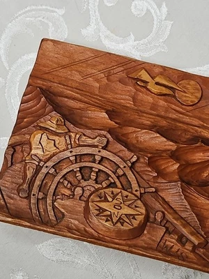 Primitive Wood Carved MAN AT SEA Boat Ship's Wheel Waves Signed Folk Art 8x6 - Image 1 of 4
