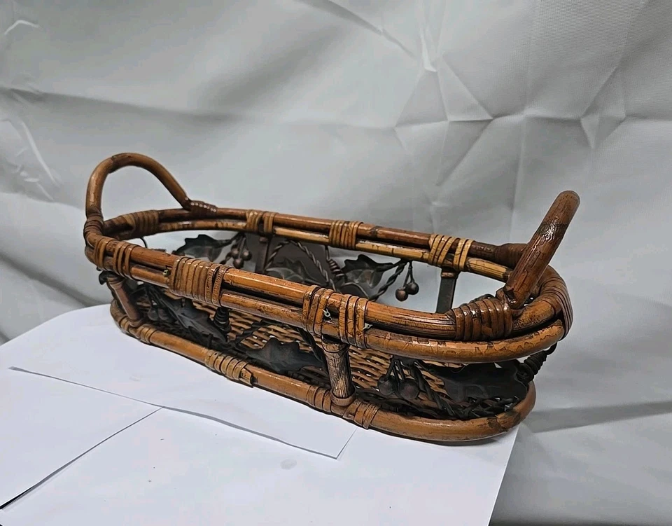 Vintage French Brass Copper Wood Woven Basket Pincone And Grapes Motifs - Image 1 of 4