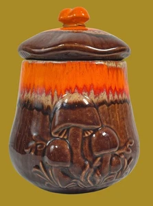 Vintage 1970s Mushroom Canister – 9½” Ceramic Jar – Orange & Brown Lava Drip Gla - Picture 1 of 6