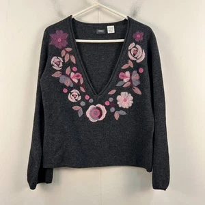 La Redoute Creation Womens 10/12 Sweater Gray Floral V Neck Knit Lambswool 15389 - Picture 1 of 8
