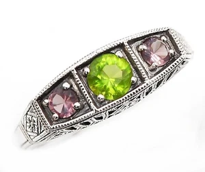 Natural Peridot & Amethyst 925 Sterling Silver Vintage Ring Sz 6 - Picture 1 of 3